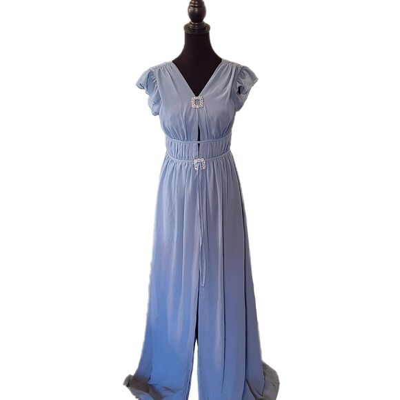 Lulu's NWT Slate Blue Floor Length Chiffon Ruffle Embellished Gown, Size M (6-8) - Picture 1 of 12